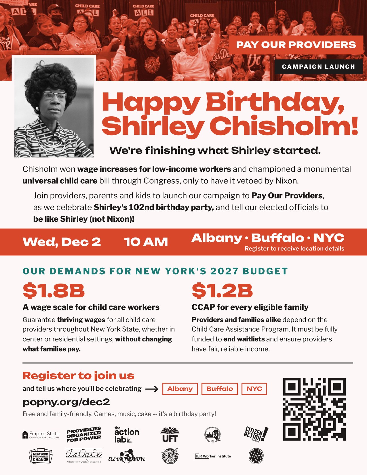 Flyer: Happy Birthday, Shirley Chisholm! Pay Our Providers campaign launch, Wed Dec 2, 10 AM, Albany, Buffalo and NYC. Register at popny.org/dec2.