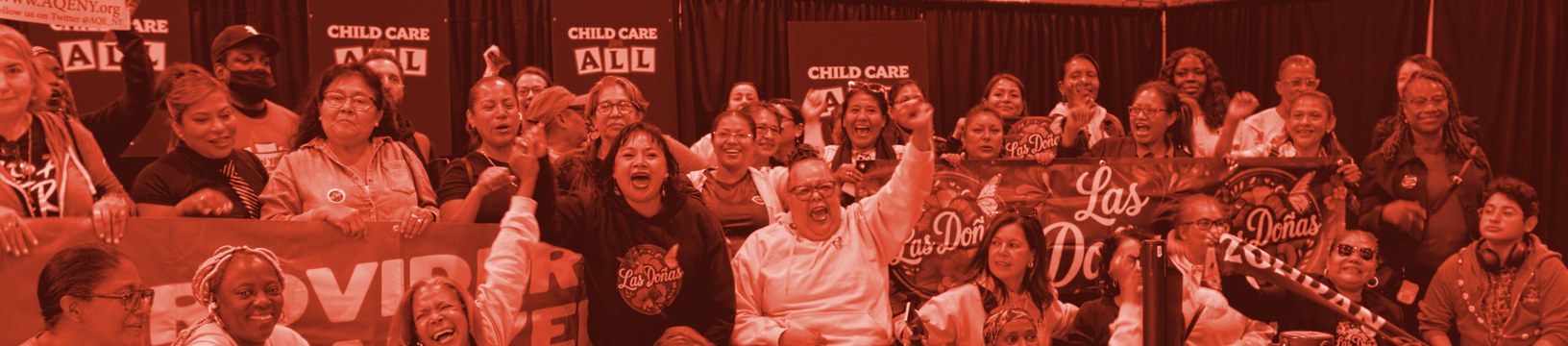 POP providers cheering at a rally under Child Care for All signs